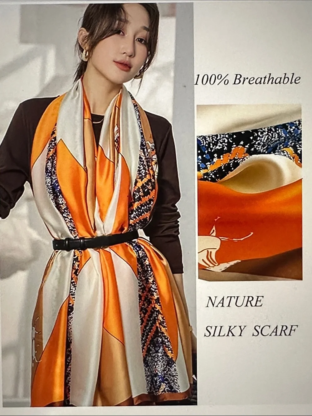 Silk-Feel Orange & Cream Women's Scarf Wrap
